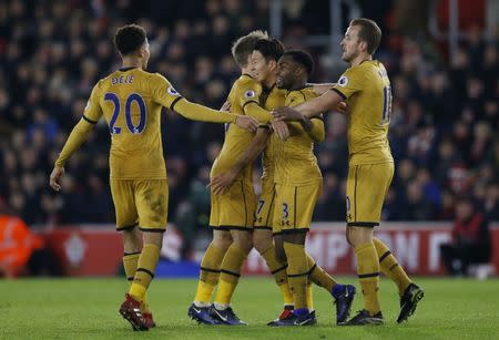 Britain Soccer Football - Southampton v Tottenham Hotspur - Premier League - St Mary's Stadium - 28/12/16 Tottenham's Son Heung-min celebrates scoring their third goal with teammates Action Images via Reuters / Matthew Childs Livepic