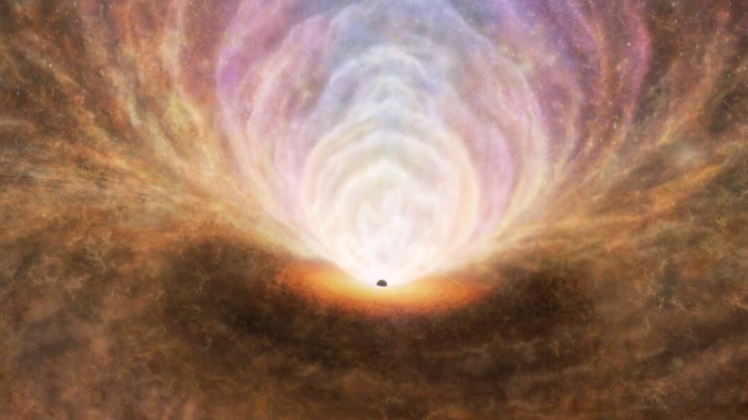  An illustration of a supermassive black hole impacted the distribution of the interstellar medium. a black circle a the center radiates gas all around. 