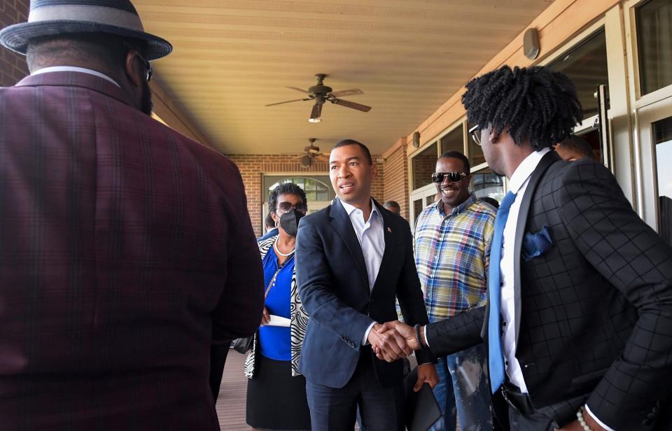 Montgomery Mayor Steven Reed greets supporters as he arrives to announce his campaign for re-election at Gateway Park in Montgomery on March 22.