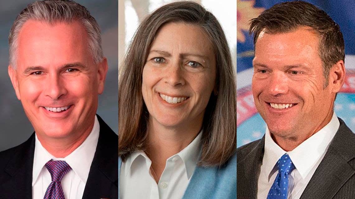 Three Republican candidates will face off in the primary for a chance to replace Derek Schmidt. as attorney general. They are, from left, Tony Mattivi, Kellie Warren and Kris Kobach.