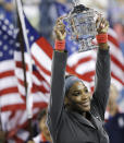 FILE - Serena Williams holds up the championship trophy after defeating Victoria Azarenka, of Belarus, during the women's singles final of the 2013 U.S. Open tennis tournament, Sunday, Sept. 8, 2013, in New York. The U.S. Open, the year’s last Grand Slam tennis tournament, starts Monday. Williams has indicated this will be the last event of her playing career. (AP Photo/David Goldman, File)