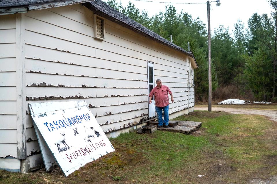 Terry Trepanier, 68, president of the Tahquamenon Sportsmen's Club, leaves the club's building in Newberry on Saturday, April 22, 2023, in Michigan's Upper Peninsula.