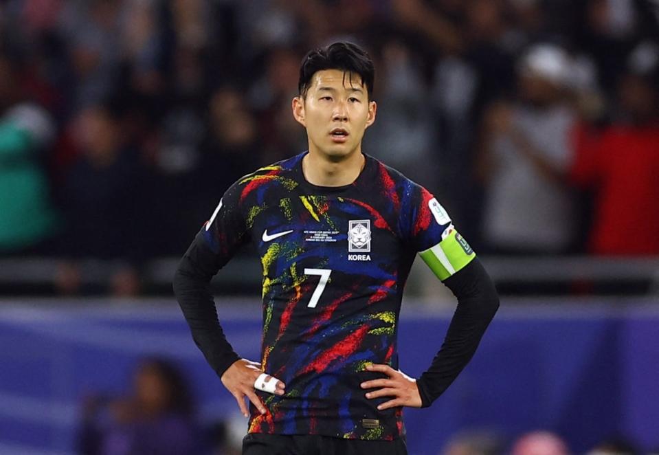 Heung-min Son, with strapping to fingers on his right hand, reacts to South Korea’s Asian Cup semi-final exit (REUTERS)