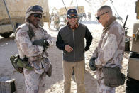 <p>Jamie Foxx, director Sam Mendes and Jake Gyllenhaal on the set of Universal Pictures' Jarhead - 2005</p>