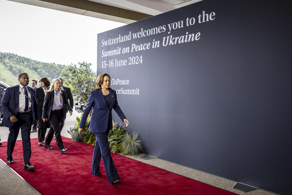 U.S. Vice President Kamala Harris arrives at Buergenstock Resort for the Summit on Peace in Ukraine, in Stansstad near Lucerne, Switzerland, Saturday, June 15, 2024. Switzerland is hosting scores of world leaders this weekend to try to map out the first steps toward peace in Ukraine.(Michael Buholzer/Keystone via AP)