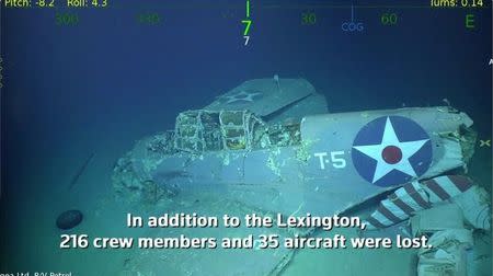 An airplane is seen as part of the wreckage on the sunken USS Lexington, a World War Two U.S. Navy aircraft carrier, in this still frame taken from March 4, 2018 underwater video footage courtesy of Paul G. Allen. Mandatory Credit PAUL G. ALLEN/HANDOUT/via REUTERS TV