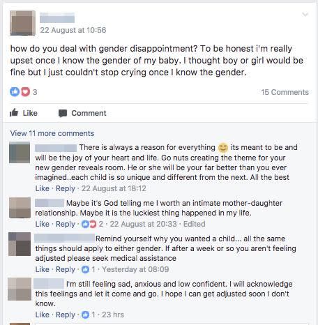 A mum took to a mum's forum to talk about experiencing gender disappointment. Photo: Facebook