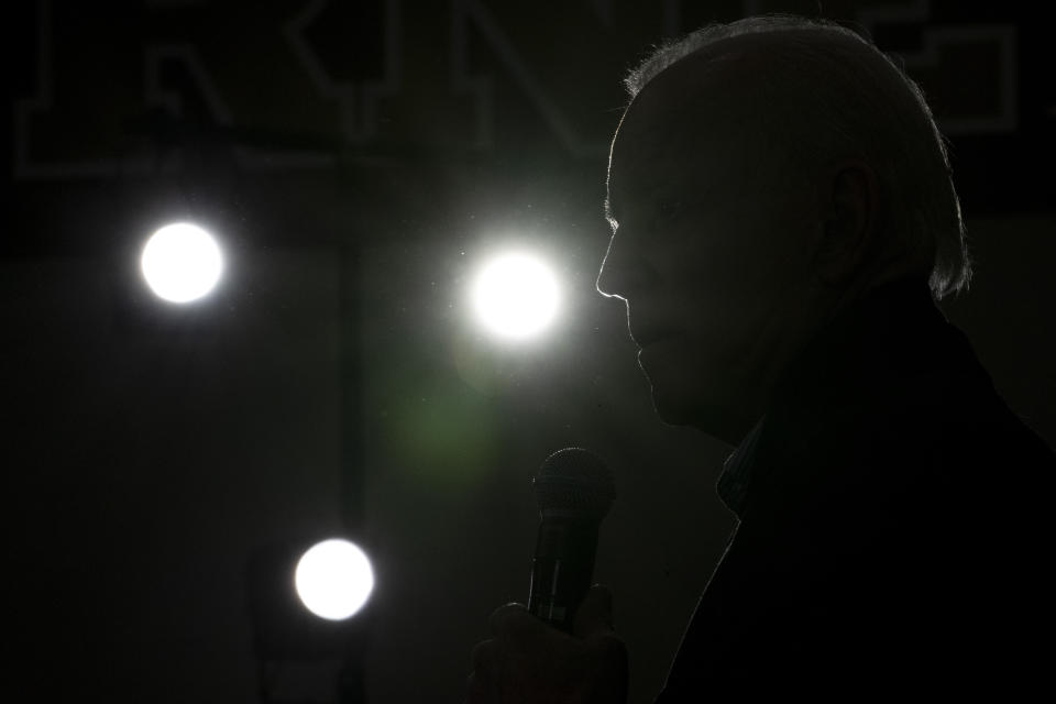 FILE - In this Feb. 9, 2020, file photo Democratic presidential candidate and former Vice President Joe Biden speaks during a campaign rally in Hudson, N.H. Biden has won the last few delegates he needed to clinch the Democratic nomination for president. (AP Photo/Mary Altaffer, File)