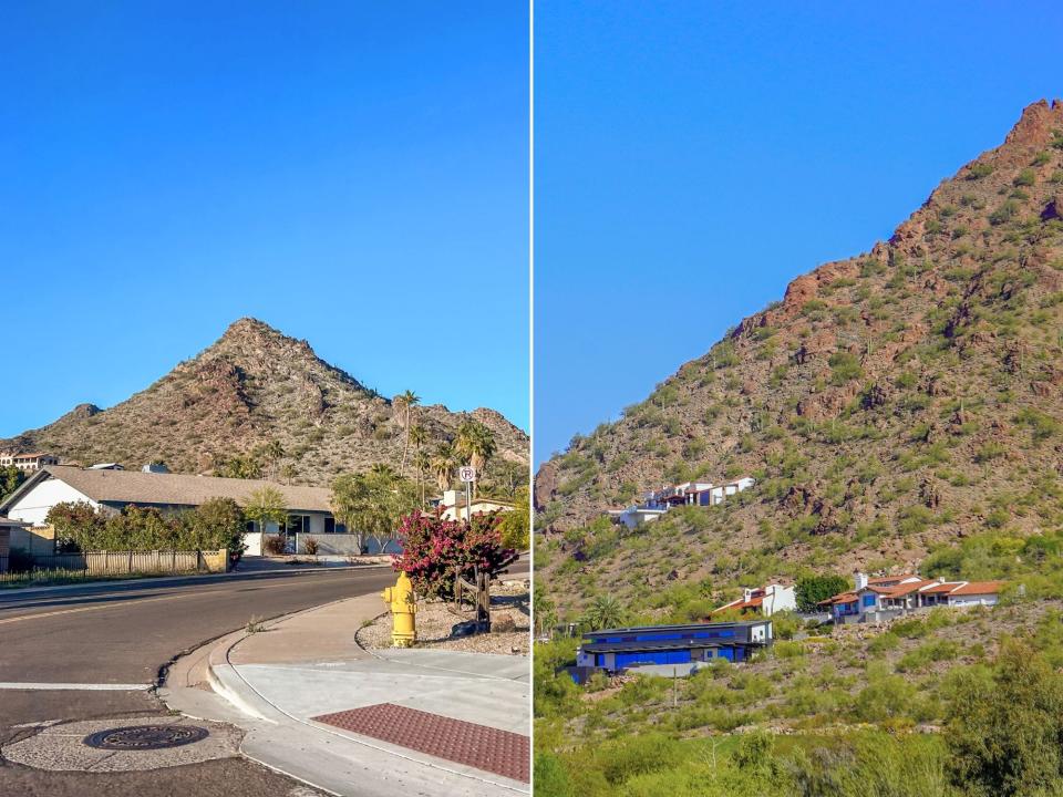 Left: A street with a small home on the left, palm streets next to it, and mountains in the background. Left: The side of a mountain dotted with mega-mansions