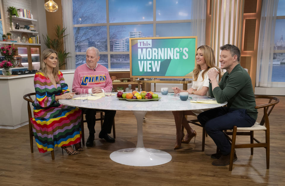 Ashley James, Gyles Brandreth, Cat Deeley, Ben Shephard gathered round the table to talk about the latest next on This Morning. (ITV/Shutterstock)