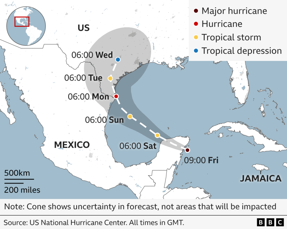 Map showing the path of Hurricane Beryl