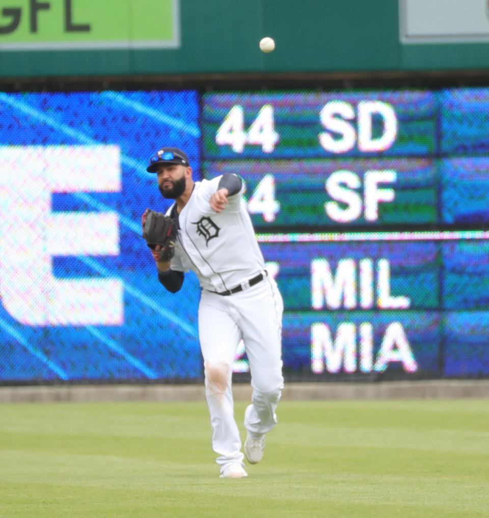 Detroit Tigers outfielder Nomar Mazara throws toward the infield during a game vs. the Minnesota Twins Saturday, May 8, 2021 at Comerica Park in Detroit.