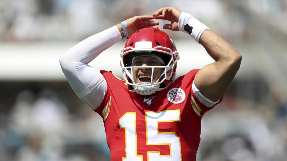 Kansas City Chiefs quarterback Patrick Mahomes (15) celebrates after a touchdown pass during an NFL football game against the Jacksonville Jaguars, Sunday, Sept. 8, 2019, in Jacksonville, Fla. The Chiefs defeated the Jaguars 40-26. (AP Photo/Perry Knotts)