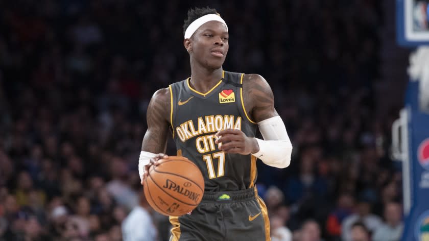 Oklahoma City Thunder guard Dennis Schroder handles the ball in the first half of an NBA basketball game against the New York Knicks, Friday, March 6, 2020, at Madison Square Garden in New York. (AP Photo/Mary Altaffer)