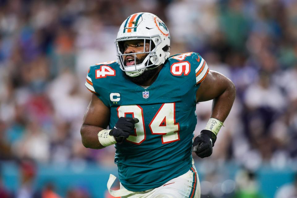 Dec 24, 2023; Miami Gardens, Florida, USA; Miami Dolphins defensive tackle Christian Wilkins (94) looks on against the Dallas Cowboys during the second quarter at Hard Rock Stadium. Mandatory Credit: Sam Navarro-USA TODAY Sports