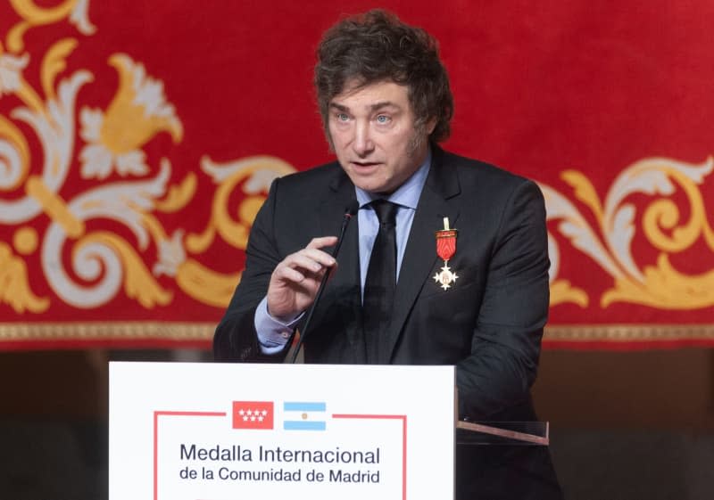 President of Argentina Javier Milei speaks at the Real Casa de Correos in Madrid after being awarded the International Medal of the Community of Madrid by The president of the Community of Madrid Isabel Diaz Ayuso. Eduardo Parra/EUROPA PRESS/dpa