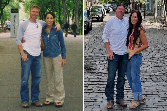 <p>Joanna Gaines/Instagram</p> Chip and Joanna Gaines during their N.Y.C. honeymoon (left) and the couple during their 21st anniversary trip (right)