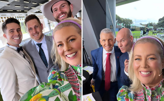 L: Samantha Armytage with Farmer Wants a Wife contestants. R: Samantha Armytage with her colleagues at Seven Racing