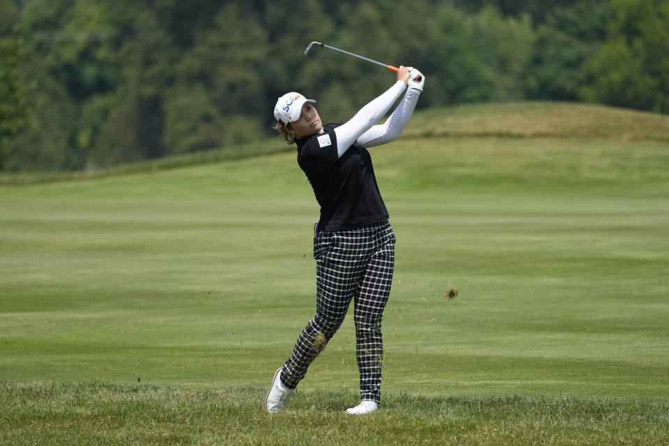 Ariya Jutanugarn of Thailand hits her approach shot onto the second green during the third round of the Meijer LPGA Classic golf tournament at Blythefield Country Club, Saturday, June 17, 2023, in Belmont, Mich. (AP Photo/Carlos Osorio)