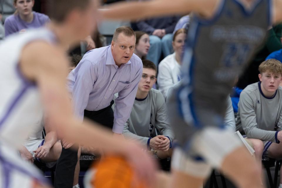 Lehi head coach Quincy Lewis looks on as his son, Cooper Lewis, makes a play during a game against Pleasant Grove at Lehi High School in Lehi on Friday, Jan. 26, 2024. Lehi won 77-61. | Marielle Scott, Deseret News