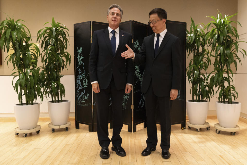FILE - Secretary of State Antony Blinken and Chinese Vice President Han Zheng pose for photos on Sept. 18, 2023, in New York. (AP Photo/Julia Nikhinson, Pool, File)