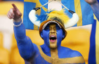 KIEV, UKRAINE - JUNE 15: Sweden fans enjoy the atmosphere ahead of the UEFA EURO 2012 group D match between Sweden and England at The Olympic Stadium on June 15, 2012 in Kiev, Ukraine. (Photo by Scott Heavey/Getty Images)