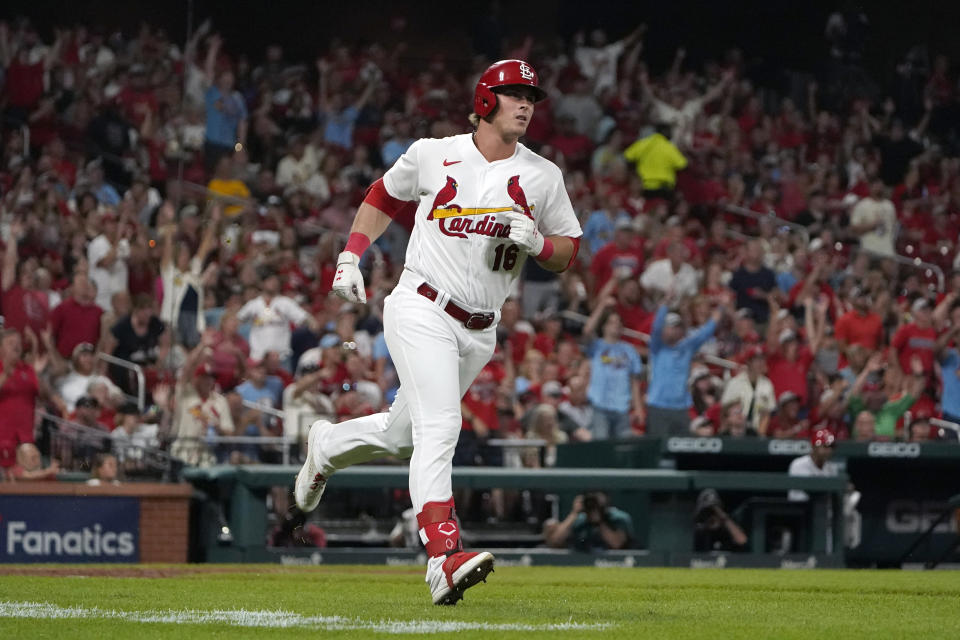 St. Louis Cardinals' Nolan Gorman rounds the bases after hitting a solo home run during the fourth inning of a baseball game against the Cincinnati Reds Friday, July 15, 2022, in St. Louis. (AP Photo/Jeff Roberson)