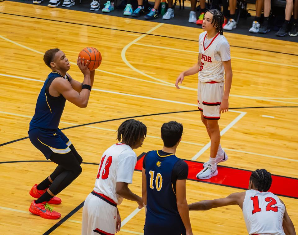 Stony Point forward Josiah Moseley shoots a free throw during the Tigers' District 25-6A win over Manor on Jan. 19. Moseley, a senior who's headed to play at Villanova, receives most of the headlines, but the Tigers' depth has been a real key in their run to this week's UIL state tournament.