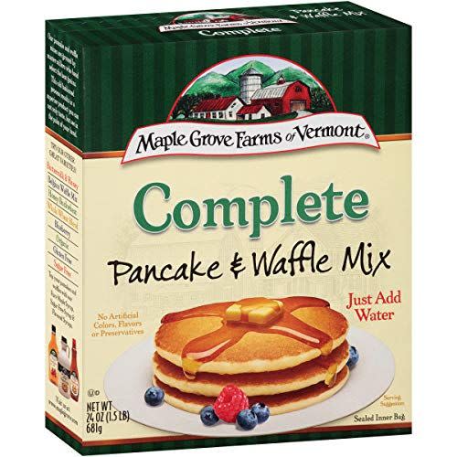 <p><strong>Maple Grove Farms</strong></p><p>amazon.com</p><p><strong>$23.49</strong></p><p><a href="https://www.amazon.com/dp/B00F9TEG0M?tag=syn-yahoo-20&ascsubtag=%5Bartid%7C2164.g.36178580%5Bsrc%7Cyahoo-us" rel="nofollow noopener" target="_blank" data-ylk="slk:Shop Now;elm:context_link;itc:0;sec:content-canvas" class="link ">Shop Now</a></p><p>It doesn't get much easier than this. These fluffy pancakes only require one added ingredient: water! Keep this box in your pantry at all times and you'll be ready for pancakes at a moments notice. Don't forget the <a href="https://www.amazon.com/Maple-Grove-Farms-Boysenberry-Syrup/dp/B00BE1VQL6/ref=sr_1_15?dchild=1&keywords=maple+grove+farms+syrup&qid=1619020422&sr=8-15&tag=syn-yahoo-20&ascsubtag=%5Bartid%7C2164.g.36178580%5Bsrc%7Cyahoo-us" rel="nofollow noopener" target="_blank" data-ylk="slk:syrup;elm:context_link;itc:0;sec:content-canvas" class="link ">syrup</a>: Maple Grove Farms makes a variety of flavors.</p>