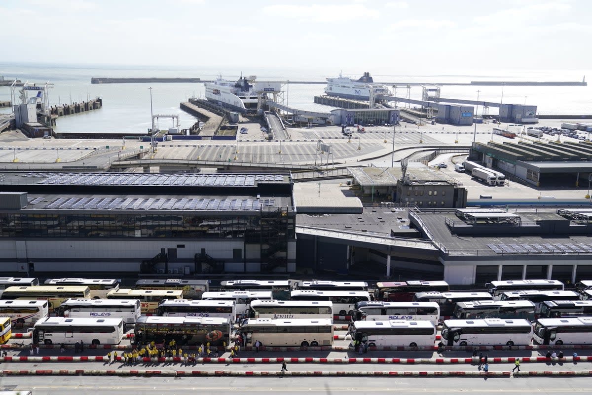 Passengers by their coaches as they wait to enter the Port of Dover in Kent after hours-long delays (PA)