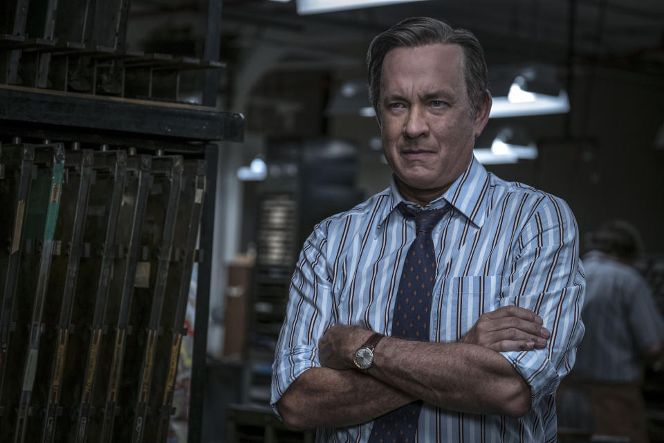 In this image released by 20th Century Fox, Tom Hanks portrays Ben Bradlee in a scene from “The Post.” (Niko Tavernise/20th Century Fox via AP)