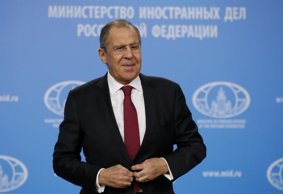 Russian Foreign Minister Sergey Lavrov prepares to leave his annual roundup news conference in Moscow, Russia, Wednesday, Jan. 16, 2019. Lavrov told a news conference that it's necessary to fully restore Syria's sovereignty, adding that Turkey's plan to create a buffer zone on the border with Syria should also be seen in that context. (AP Photo/Pavel Golovkin)