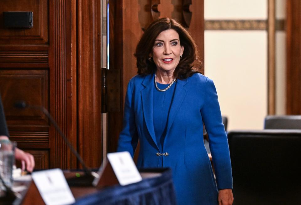 New York Gov. Kathy Hochul arrives to present her 2025 executive state budget in the Red Room at the state Capitol Tuesday, Jan. 16, 2024, in Albany, N.Y. (AP Photo/Hans Pennink)