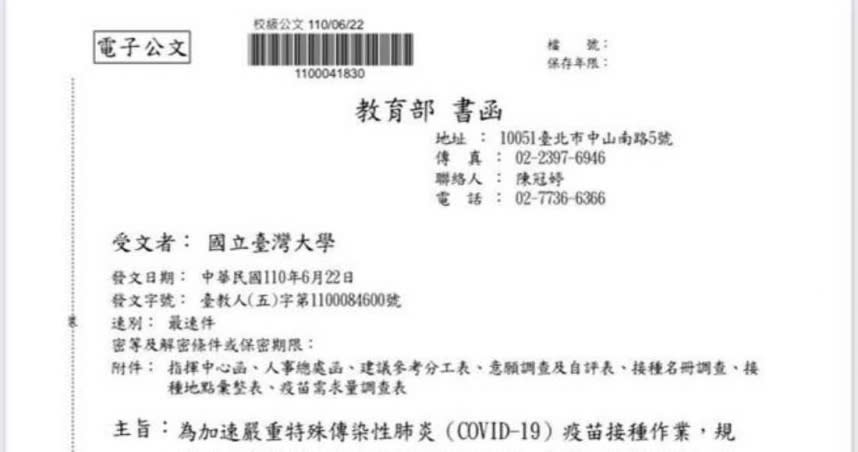 教育部已行文給各校，請校方調查教職員施打疫苗意願並造冊。圖為台大22日所收到的教育部來函。（圖／翻攝畫面）