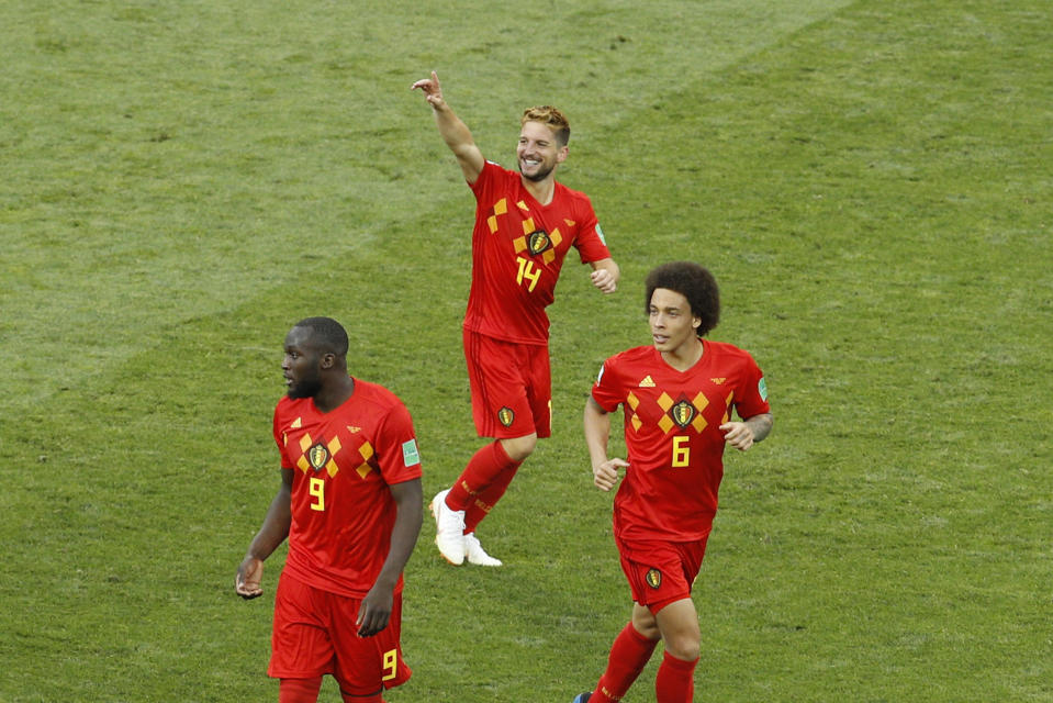 <p>All smiles: Dries Mertens salutes the fans after opening the scoring against Panama. (AP Photo/Victor R. Caivano) </p>