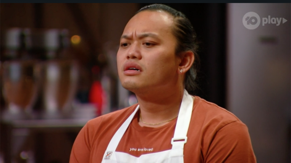 Khanh Ong looks concerned on MasterChef ahead of failing watermelon chocolate challenge with Kristen Tibballs