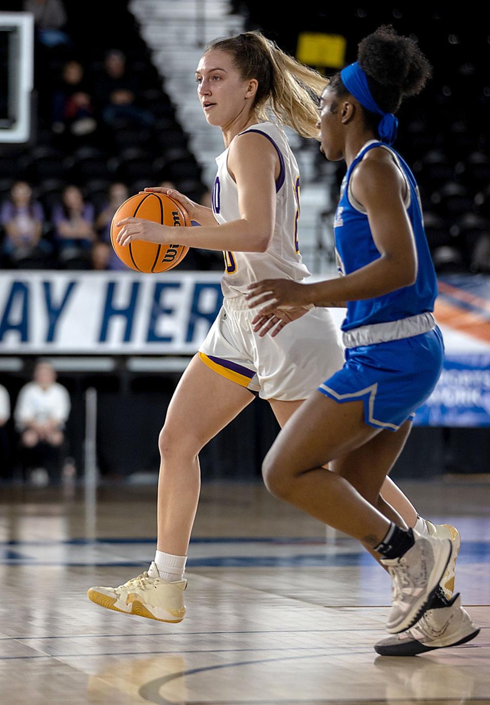 Ashland University's Maddie Maloney (20) works with the ball against Glenville State during the final four game in St. Joseph Missouri. Photo by Brynn Meisse/The Collegian