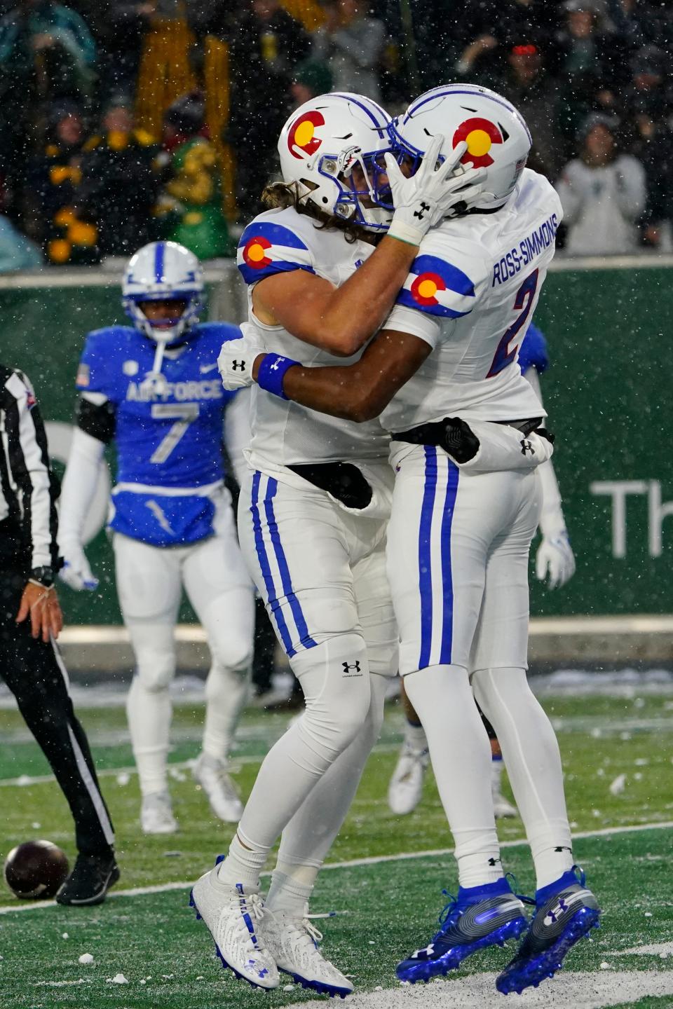 Oct 28, 2023; Fort Collins, Colorado, USA; Colorado State Rams wide receiver Justus Ross-Simmons (2) celebrates his touchdown with Colorado State Rams tight end Dallin Holker (5) at Sonny Lubick Field at Canvas Stadium. Mandatory Credit: Michael Madrid-USA TODAY Sports