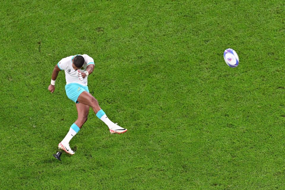 South Africa's fly-half Manie Libbok scores a penalty (AFP via Getty Images)