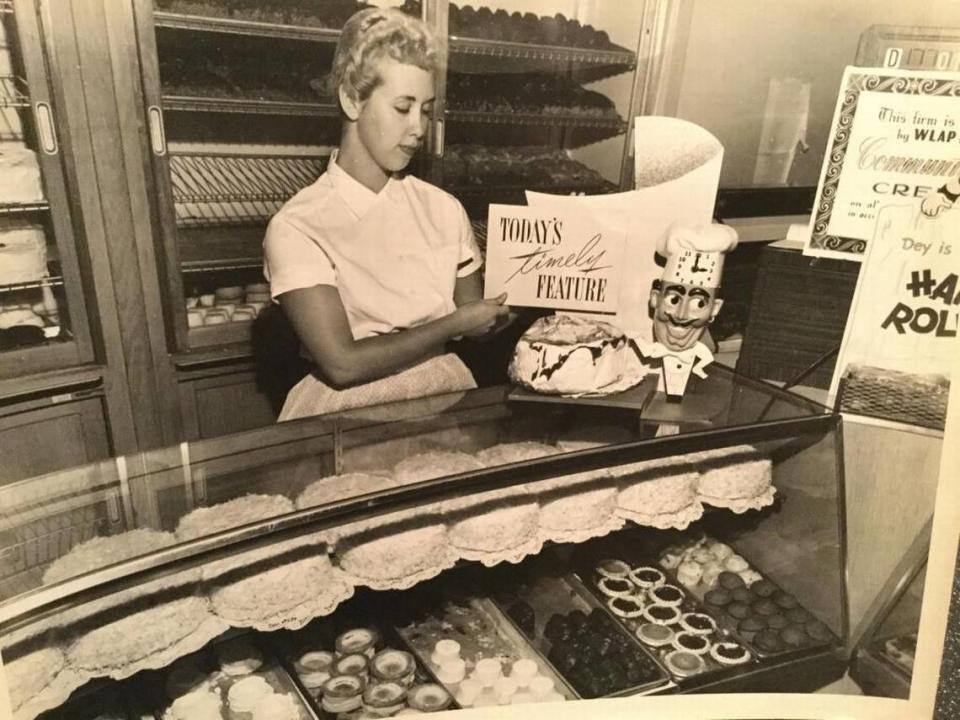 Magee’s Bakery in an archival photo from the 1950s. The bakery opened in 1956 and will celebrate 60 years as a family-owned business in 2016. Many of the items in the pastry cabinet, including transparent tarts, were still being made. Everything they sold was made from scratch.