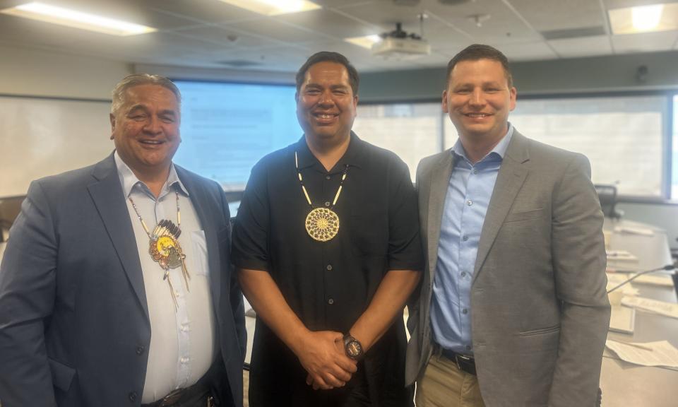 Greg Abrahamson, chairman of the Spokane Tribe of Indians (left); Caj Matheson, natural resources director for the Coeur d’Alene Tribe (center); and Jarred-Michael Erickson, chairman of the Confederated Tribes of the Colville Reservation (right) at a meeting to discuss salmon reintroduction in the upper Columbia River on Wednesday, May 15, 2024. (Photo by Alex Baumhardt/Oregon Capital Chronicle)