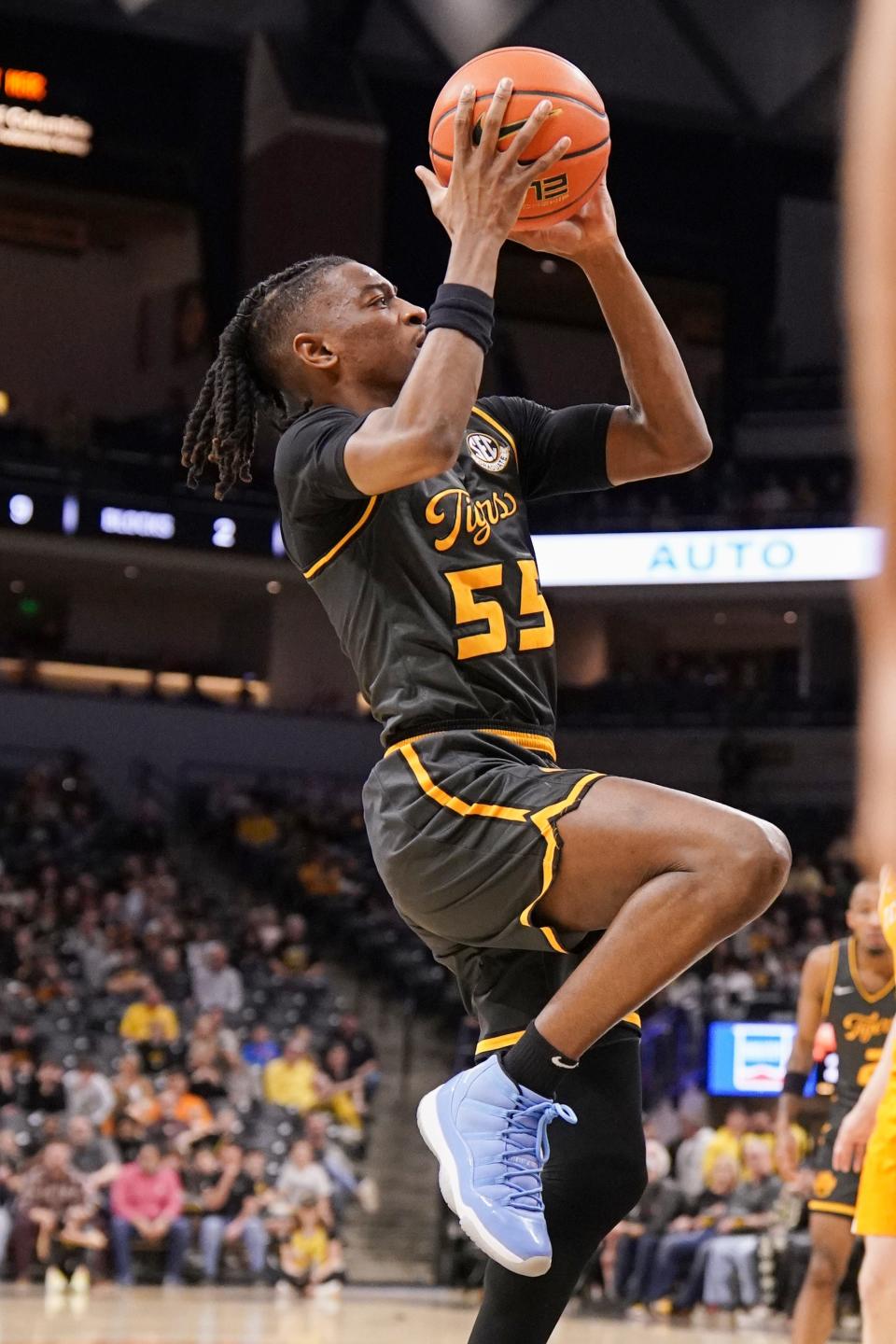 Feb 20, 2024; Columbia, Missouri, USA; Missouri Tigers guard Sean East II (55) shoots against the Tennessee Volunteers during the first half at Mizzou Arena. Mandatory Credit: Denny Medley-USA TODAY Sports