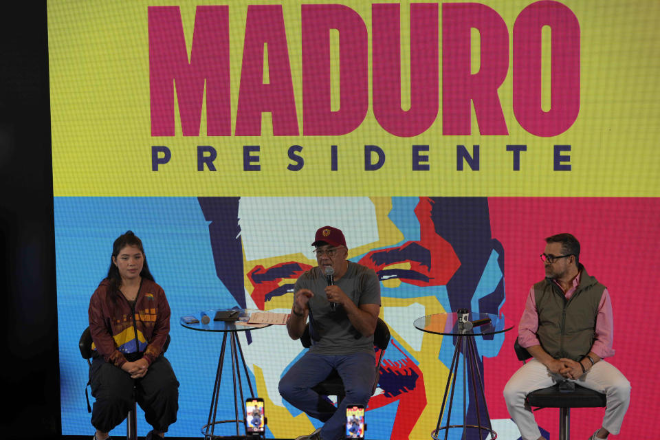 President of Venezuela's National Assembly Jorge Rodriguez, center, speaks during a press conference alongside legislator Genesis Garvett, left, and Governor Rafael Lacava in Caracas, Venezuela, Monday, July 1, 2024. Rodriguez announced that the campaign for the July 28 presidential election will start on July 4. (AP Photo/Ariana Cubillos)