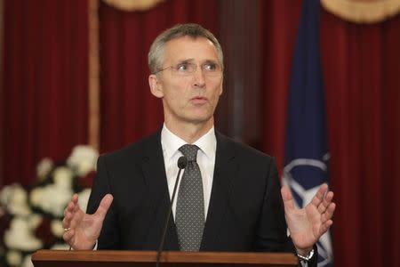 NATO Secretary General Jens Stoltenberg gestures as he speaks during a news conference in Riga November 20, 2014. REUTERS/Ints Kalnins