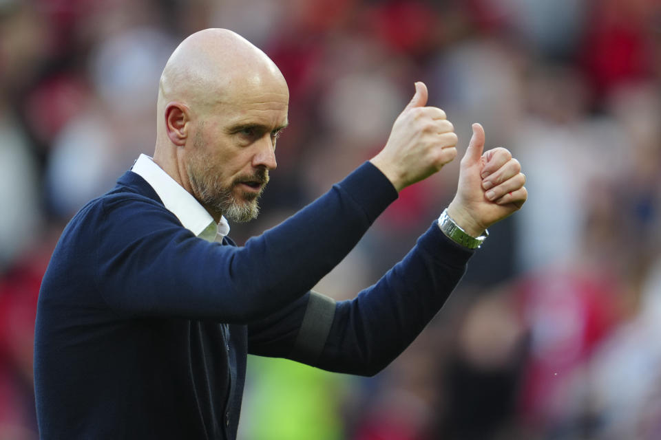 Manchester United's head coach Erik ten Hag reacts after the English Premier League soccer match between Manchester United and Brentford at the Old Trafford stadium in Manchester, England, Saturday, Oct. 7, 2023.(AP Photo/Jon Super)