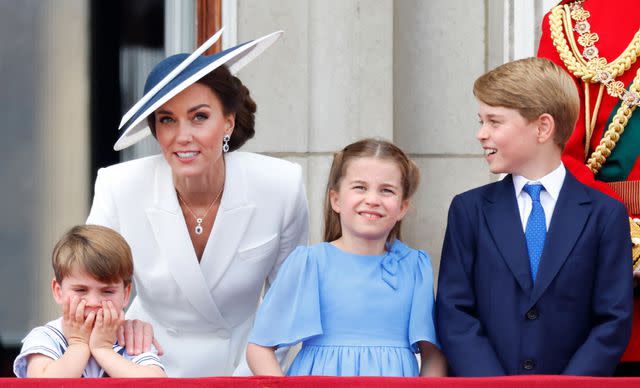 <p>Max Mumby/Indigo/Getty</p> Prince William, Kate Middleton, Princess Charlotte and Prince George at Trooping the Colour in June 2022.
