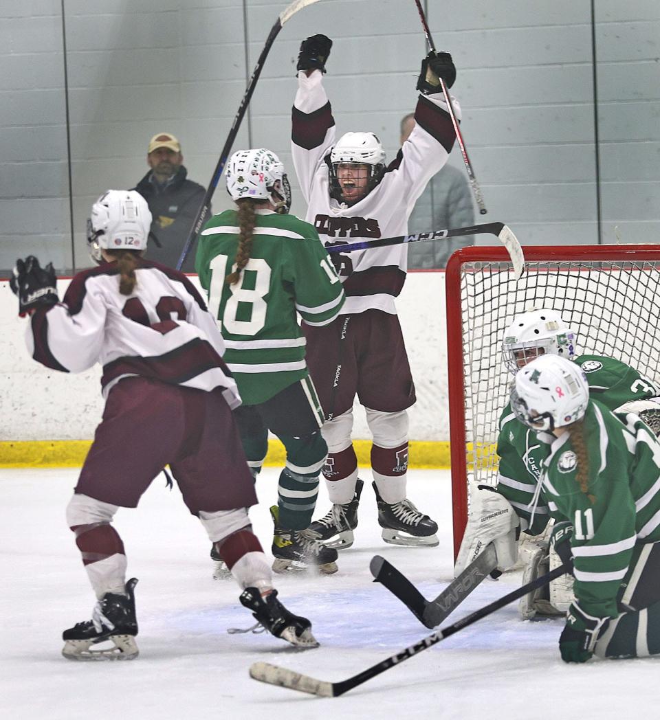 Falmouth #6 Riley Devlin scores in overtime to win the game.
Falmouth girls hockey beats Canton 4-3 in overtime at The Bog in Kingston on Thursday, March. 6, 2024