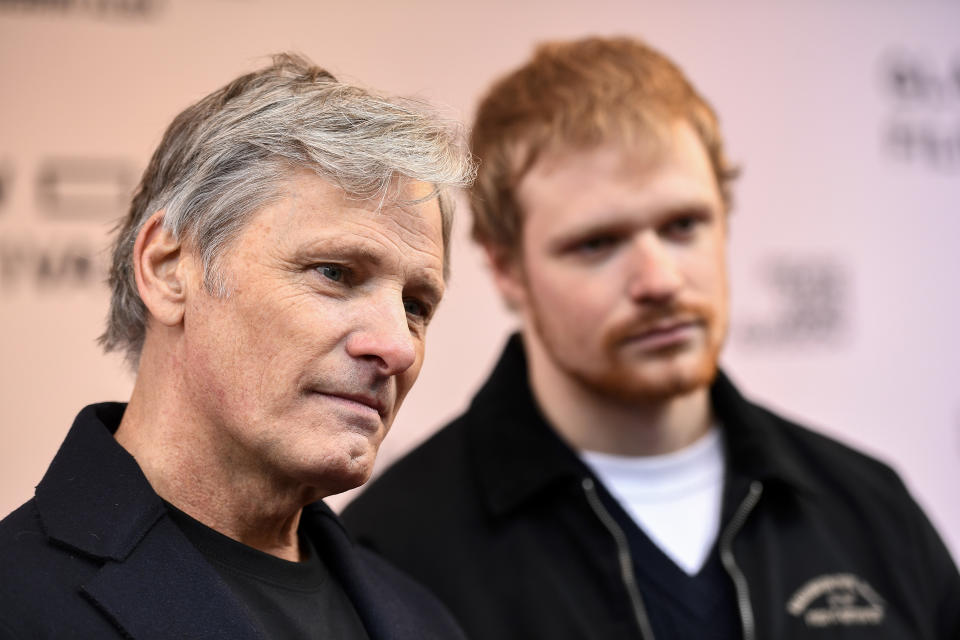 GLASGOW, SCOTLAND - MARCH 03: Director Viggo Mortensen and Solly Mcleod speak with the press at the screening of 