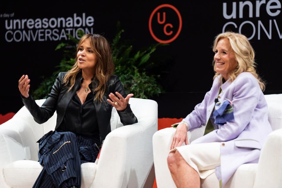 Berry, left, reportedly got candid about her experience with perimenopause during a women's health discussion with first lady Jill Biden at the A Day of Unreasonable Conversation summit in Los Angeles.