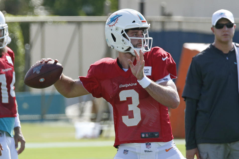 DAVIE, FL - JULY 27: Josh Rosen #3 of the Miami Dolphins throws the ball during the Miami Dolphins Training Camp on July 27, 2019 at the Miami Dolphins training facility in Davie, Florida. (Photo by Joel Auerbach/Getty Images)